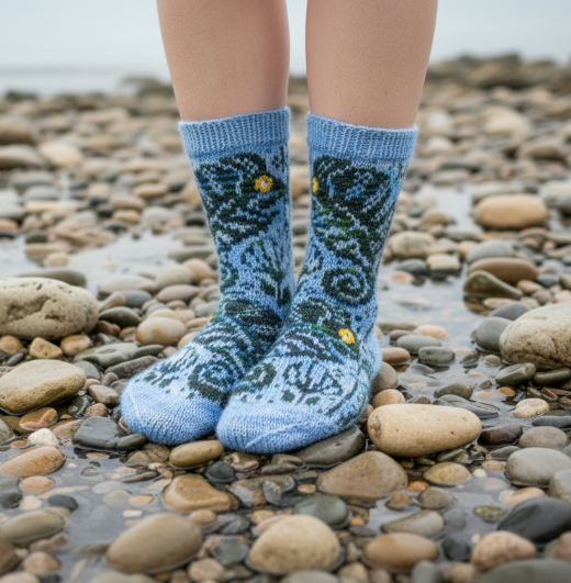 Chameleon socks on rocky beach, slight diagonal angle