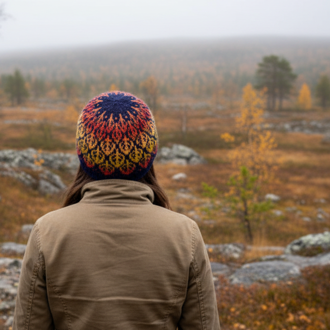 Leafy hat from behind in northern landscape