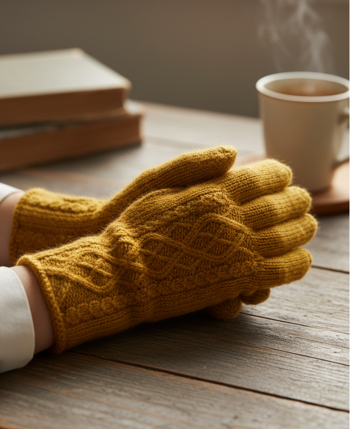 Mustard cable-knit gloves on hands, rustic background