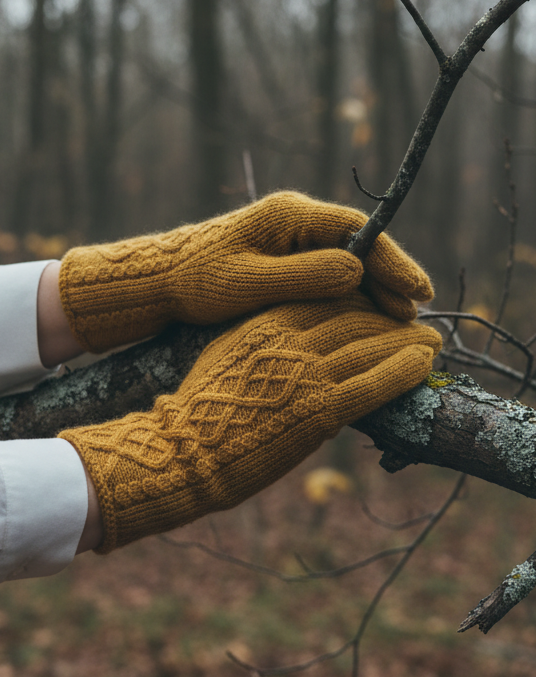 Mustard gloves holding tree branch, outdoor muted tones