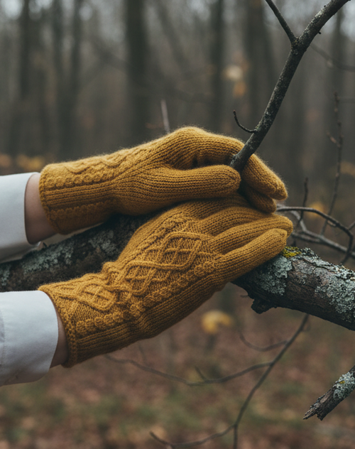 Mustard gloves holding tree branch, outdoor muted tones