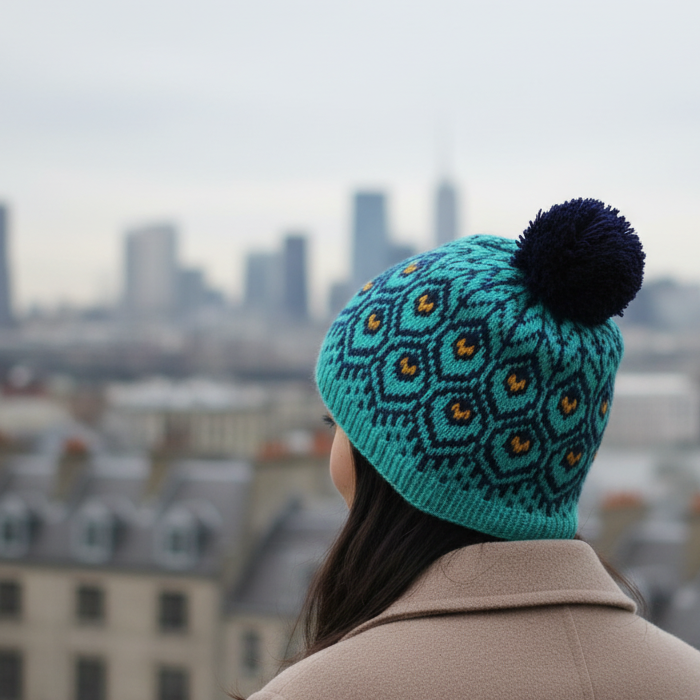 Pava teal hat with blurred cityscape