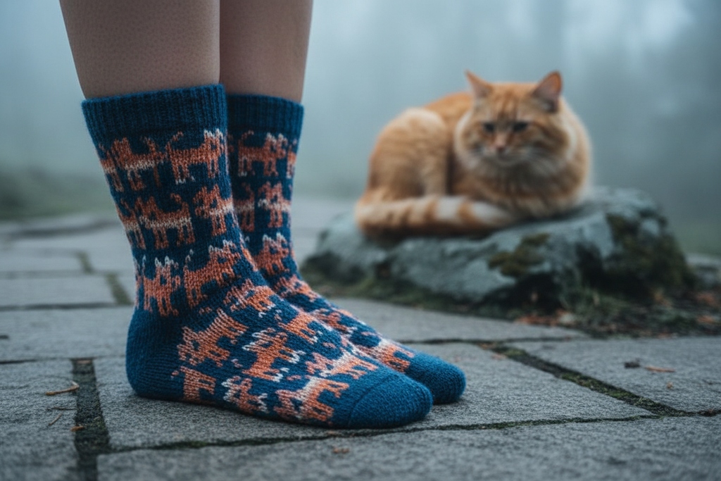 Petlover socks greyish-blue natural setting with blurred cat
