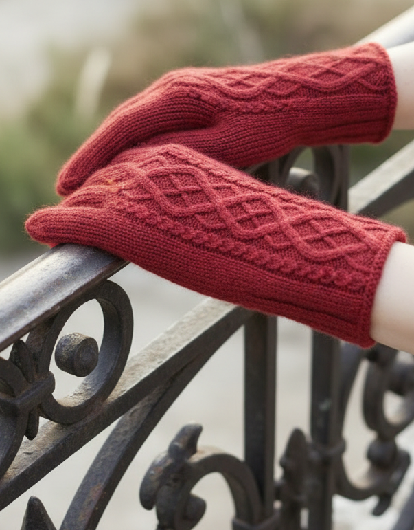 Red cable-knit gloves gripping cast iron railing