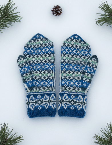 Zima mittens flat lay on snow